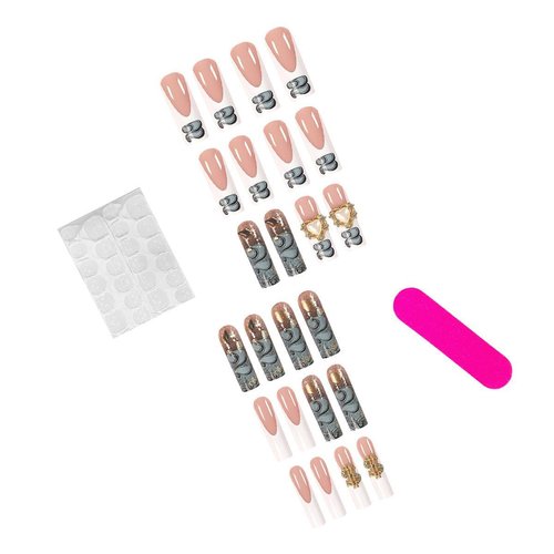French Tip Press on Nails Long Square Fake Nails Pink Acrylic False Nails with 5D Heart Rhinestones Charms Designs Gold Dollar Symbol Charms Glitter Artificial Nails Stick on Nails for Women 24Pcs