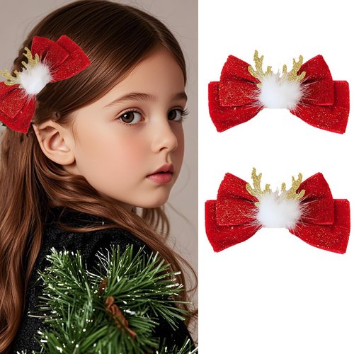 2 Pcs Christmas Hair Clip - Christmas Reindeer Antlers Headdress, Red Glitter Cute Bow Ties Antlers Ears Hair Pins, Christmas Party Hair Accessories for Girls Women