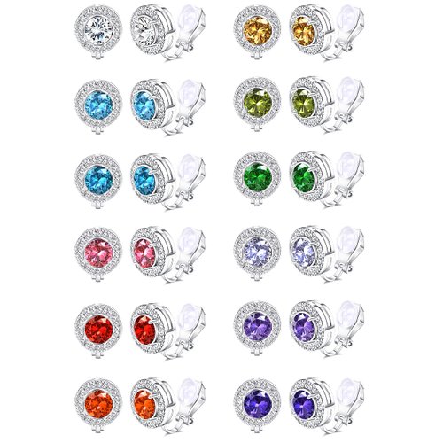 LOYALLOOK 12Pairs Birthstone Clip Earrings for Women Girls Round Cubic Zirconia Clip On Earrings Non Pierced Fake Earrings Clip Stud Earrings with Rubber Pads Silver Tone
