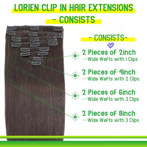 LORIEN Clip in Hair Extensions Real Human Hair, 22 Inch 110g, 2 Darkest Brown, Clip in 100% Brazilian Remy Human Hair Extensions 8pcs Per Set with 18 Clips Double Weft