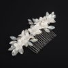 Teyglen White Flower Wedding Hair Comb Bridal Opal Crystal Hair Piece Silver Leaf Headpiece for Bride Wedding Hair Accessories for Women