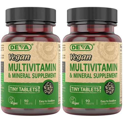 DEVA Tiny Tablets Vegan Multivitamins for Women & Men, Multivitamin with Iron, Mineral Supplement, Vitamin C, Vitamin B Complex, Vitamin B12, Vitamin E, Zinc, Gluten Free, 90 Tablets (Pack of 2)