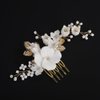 Rumtock Silver Leaf White Flower Hair Comb Women Banquet Wedding Hair Accessories Beads Handmade Jewelry (Gold)