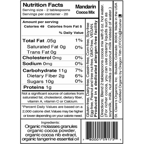St. Claire's Organic Gourmet Hot Cocoa, (Mandarin, 12 Ounce Bag, 20 servings) | Allergen-Free, Vegan, GMO-Free, Gluten-Free | Made in the USA in a Dedicated Allergen-Free Facility