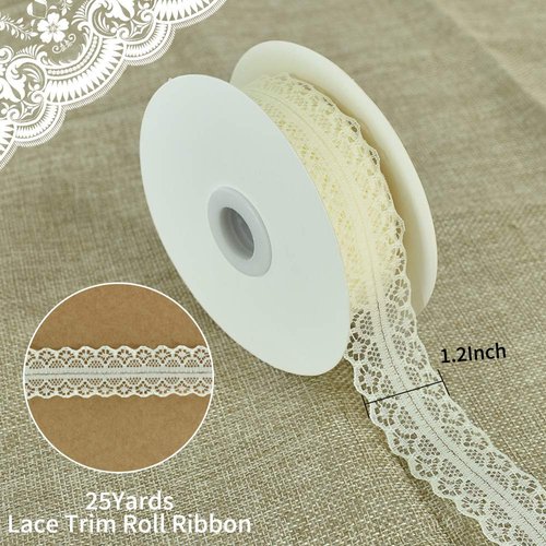 Lace Trim Ribbon Cream White 1.2 Inch Wide Vintage Pattern Roll Ribbons 25 Yards for Gift Wrapping Valentine's Day Floral DIY Crafts Sewing Bridal Wedding Birthday Party Decorations