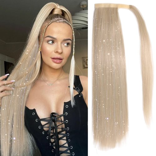 FAVE 26 Inch Blonde Ponytail Extension Long Straight Fake Hair Extensions Tinsel Ponytail Natural...