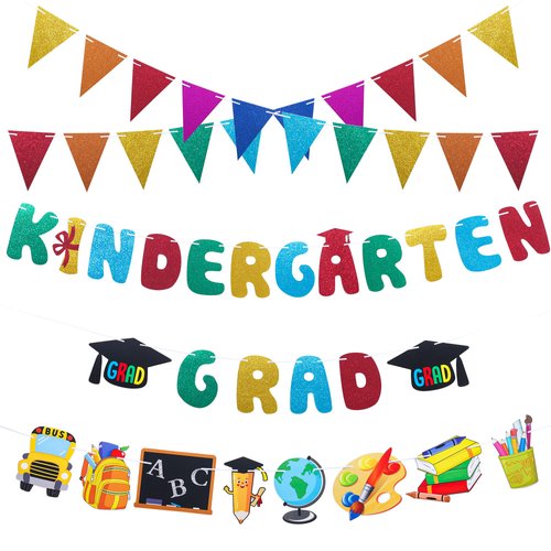 5 PCS Kindergarten Graduation Party Banners Congrats Grad Glitter Banners 2024 Graduation String Banners Colorful Paper Bunting Pennants for Kids Preschool Graduation Classroom Decor