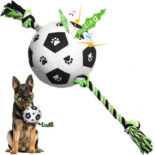 QDAN Dog Rope Toy, Dogs Tug of War Soccer Ball with Strap, Balls on Rope Plush Outdoor Birthday Toys for Small to Medium Dogs (for Medium Dogs, Black)