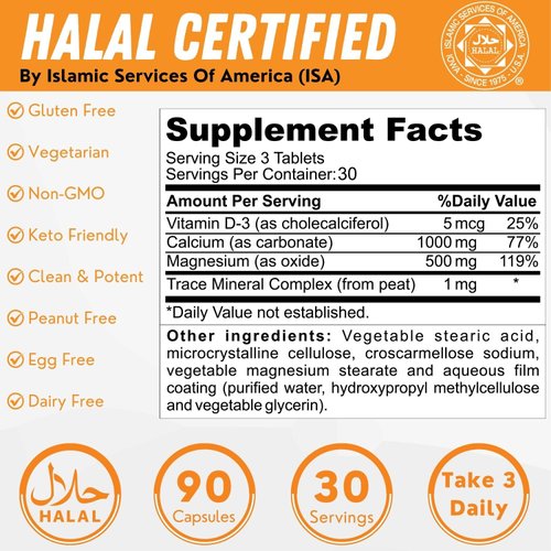 SHIFAA NUTRITION Halal Calcium Magnesium Supplement w/Vitamin D3 | Calcium 1,000 mg, Magnesium 500mg | 30 Servings, Non-GMO | Structure & Bone Strength, Joints, Teeth, Cardiovascular & Muscle Support