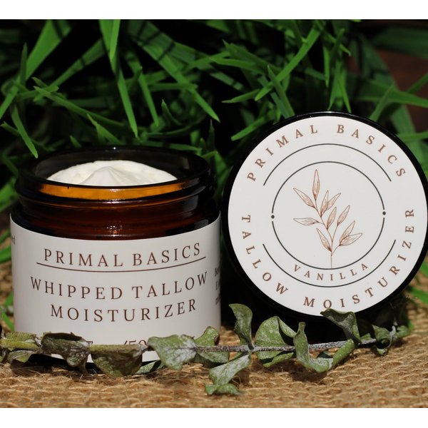 Primal Basics 100% Grass Fed Grass Finished Whipped Vanilla Beef Tallow Moisturizer/Body Balm for Face, Body, Oily, Dry, Sensitive Skin -Contains Vitamins A, D, E, K -USA Made