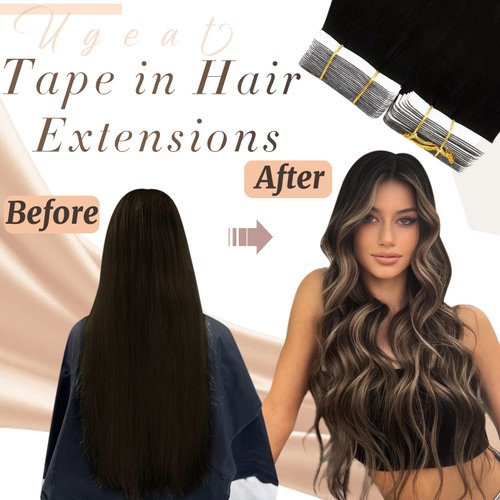 Ugeat 22inch Tape in Hair Extensions Human Hair Brown Tape Real Human Hair Extensions Natural Black to Dark Brown Mix Caramel Brown Balayage Double Sided Tape in Remy Hair Extensions 20Pcs 50G