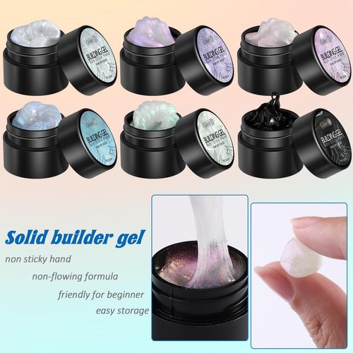 Fcozpjk Solid Builder Gel Kit, 6 Colors Non Sticky Solid Builder Gel for Nails Aurora Blue Pink Pearl White Builder Gel With Silicone Carving Pen Hard Gel 3D Sculpting Gel Nail Art Starter Kit