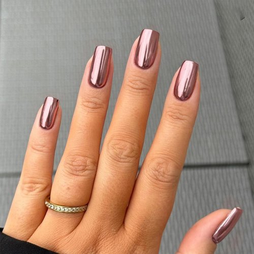 Chrome Press on Nails Medium Square Fake Nails Press ons Brown False Nails with Designs Glossy Full Cover Glue on Nails Acrylic Nails Cute Artificial Stick on Nails for Women Decorations 24Pcs