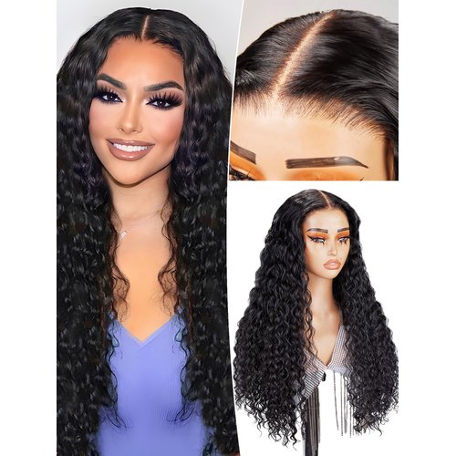 SHINEWIGHAIR Deep Wave Lace Front Wigs Human Hair 7x5 HD Lace Front Wigs Human Hair Pre Plucked Curly Wig Glueless Wigs Human Hair 200% Density For Black Women Natural Wig (Natural, 22inch)