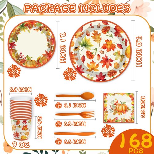YQUQWN 168 Pcs Fall Thanksgiving Paper Plates and Napkins, Fall Disposable Dinnerware Set for 24 Guests, Includes Paper Plate Cup Napkin Spoon Knives Fork, Party Supplies for Thanksgiving Fall Harvest
