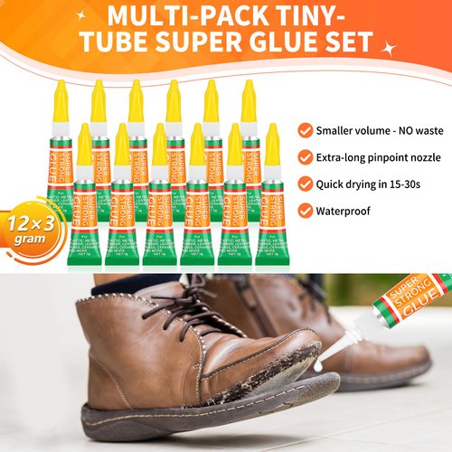 3g X 12 Pack Super Glue Strong Adhesive, Cyanoacrylate Adhesive Instant Drying Glue for Plastic, Wood, Metal, Crafts, Home Kitchen Utensil Repair Permanent