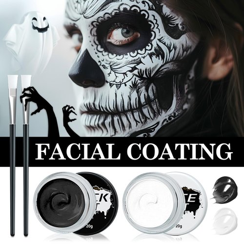 White Black Face Body Paint,Professional Washable Face Painting Kit with Brushes,Waterproof Long Lasting Halloween Cream Face Paint Makeup Kit for Zombie Skeleton Clown Cosplay SFX Stage Art Theater