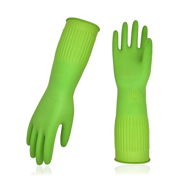 Vgo... 3-Pairs Dishwashing Gloves, Reusable Household Gloves, Kitchen Gloves, Long Sleeve, Thick Latex, Cleaning, Washing, Working, Painting, Gardening, Pet Care (Size L, Light Green, RB2143)