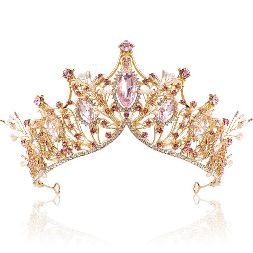 AOPRIE Hera's Light Tiaras and Crowns for Women Gold Pink Girls Crystal Hair Accessories for Wedding Prom Bridal Birthday Party Halloween Costume Christmas Gifts Leaves Princess Tiara for Little Girls