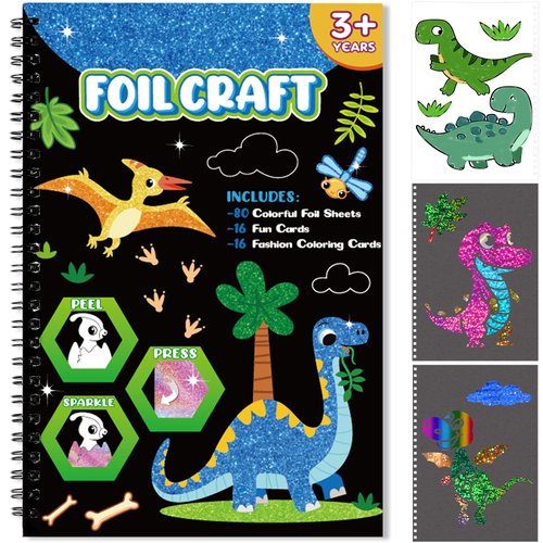 Art & Craft Activity,Foil Craft Dinosaur DIY Art Fun Kits,No Mess Creative Foil Art Kits Set Drawing Game for Kids,Birthday Gifts Crafts Supplies Travel Toys for Girls Boys Ages 4 5 6 7 8 9 Year Old