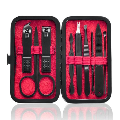 HANTEKAS Manicure Set 9 in 1 Stainless Steel, Nail Clippers Scissors Pedicure Tools Kit - Portable Travel Grooming Kit for Men and Women with Black/Red Leather Case (Red)
