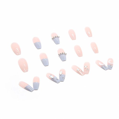 Rchovsam Blue French Press on Nails Medium Length Coffin Fake Nails with Nail Glue,Stick on Nails,Stars Moon with Diamond UñAs Postizas-24 Pcs Gel Nail Kit for Girls Womens