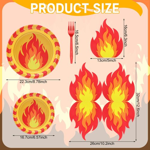 Newtay 125 Pcs Fire Party Supplies Include 50 9 and 7 Inches Paper Fire Plates 50 Disposable Flame Cocktail Napkins 25 Red Plastic Forks for Firefighter Fireman Party Tableware Supplies Decoration