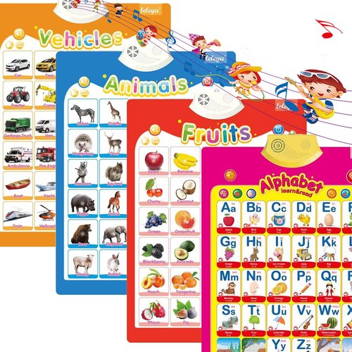 4Pcs Electronic Interactive Alphabet Wall Chart for Kids, ABC Learning for Toddlers, Learning Toys for Toddlers, Talking ABC Animal Vehicles & Vegetables Poster, Preschool Education Gifts for Kids