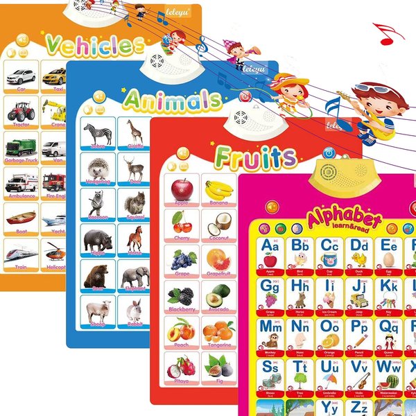 4Pcs Electronic Interactive Alphabet Wall Chart for Kids, ABC Learning for Toddlers, Learning Toys for Toddlers, Talking ABC Animal Vehicles & Vegetables Poster, Preschool Education Gifts for Kids