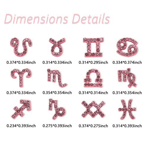 JERCLITY 24 Pieces Pink Alloy Zodiac Nail Charms 12pcs Zodiac Signs Nail Studs 12pcs Constellation Words Nail Charms Twelve Constellation Nail Charms for Women Girls Nail Art