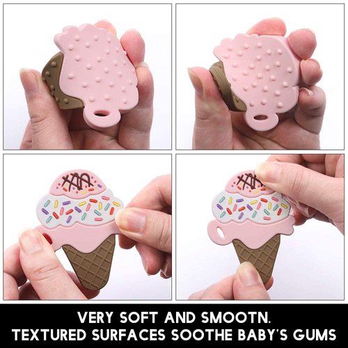 Baby Food Grade Silicone Teether Toy with Pacifier Clip Holder,Teething Pain Relief Toys Gift Set for 3 Months+ Boys and Girls,Freezer Safe,BPA Free (Ice Cream)