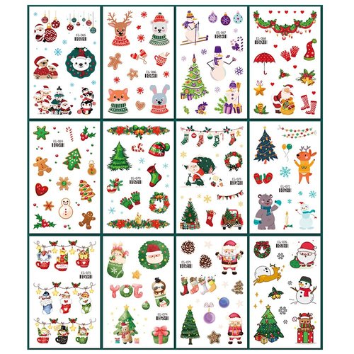 Christmas Temporary Tattoo for Kids Winter Stickers Decals for Body Face Arm Decorations Fake Tattoos Kit 12 Sheets Xmas Holiday Party Favor Supplies Snowflake Santa Claus Wreath Deer Design