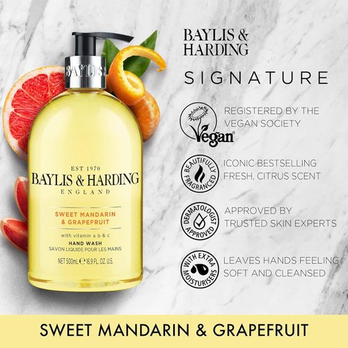 Baylis & Harding Liquid Hand Soap Wash with Dispenser, Sweet Mandarin & Grapefruit, 16.9oz/500ml
