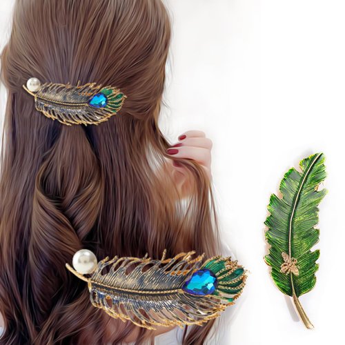 AsggBah 2pcs Pretty Metal Hair Clips Feather & Leaf Shaped Hair Barrettes Rhinestone Spring Clips Medium Sized Hair Accessories for Girls Women