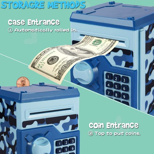 Yoego Kids Money Bank, Electronic Piggy Banks, Great Gift Toy for Kids Children, Auto Scroll Paper Money Saving Box Password Coin Bank,Perfect Toy Gifts for Boys Girls (Blue Camo)