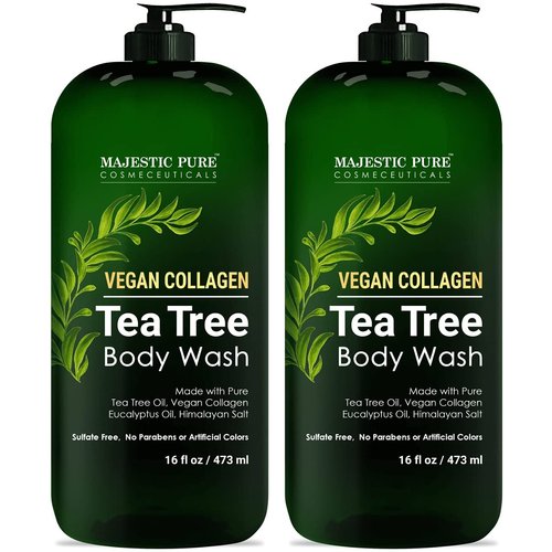 Majestic Pure Tea Tree Body Wash with Collagen - Helps Nail Fungus, Athletes Foot, Ringworms, Jock Itch, Acne, Eczema & Body Odor - Soothes Itching - (Packaging May Vary), Set of 2, 16 fl oz