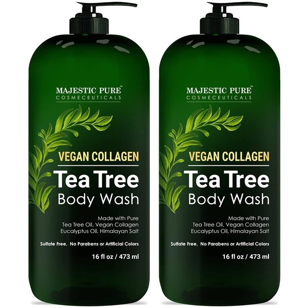 Majestic Pure Tea Tree Body Wash with Collagen - Helps Nail Fungus, Athletes Foot, Ringworms, Jock Itch, Acne, Eczema & Body Odor - Soothes Itching - (Packaging May Vary), Set of 2, 16 fl oz