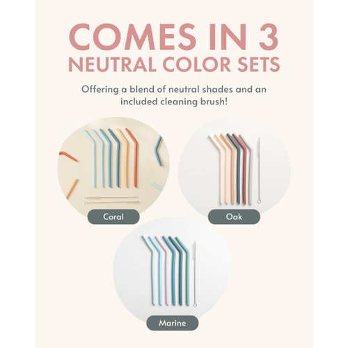 Silicone Straw - Flexible & Reusable Drinking Straws with Cleaning Brush for Toddlers & Kids - With Bendable Tips – Soft, Food-Safe Material, No BPA - Dishwasher Safe - Set of 6 - Coral