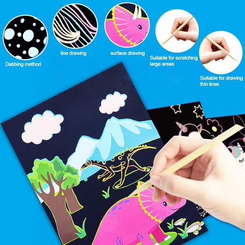 JUNQIU Scratch Art for Kids, Dinosaurs Black Rainbow Scratch Art Paper Set-Arts and Crafts & Supplies, DIY Activity & Party Games, Gifts for Toddlers, Girls & Boys Ages 3, 4, 5, 6, 7, 8