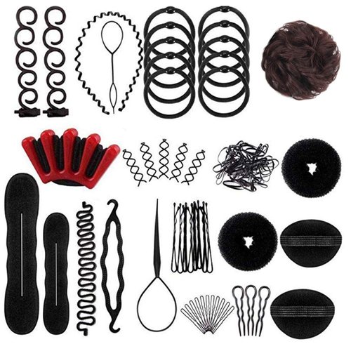 EjszaKod 73 pcs Hair Braiding Tool with Brown Hair Wig Bun, Hair Styling Tools Accessories Hair Magic Bun Maker Hair Bun Donut Hair Bobby Pins and Elastic Bands Kit for Women Kids