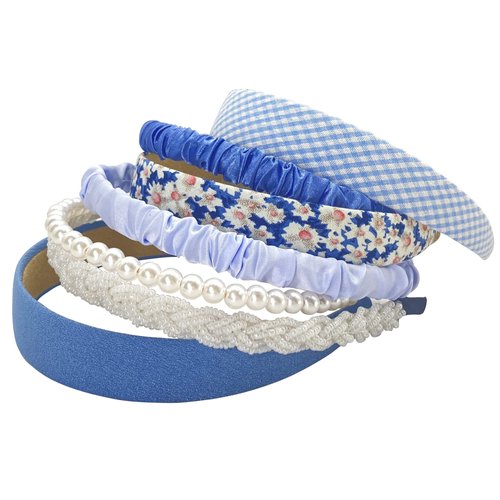 MEFINESHOW 7PK Different Fashion Headbands for Women,Non Slip Flower Headband,Cute Pearl Headbands for Girls,Vintage Wide Headband for Women,Bandana Hair Accessories Set (Blue)