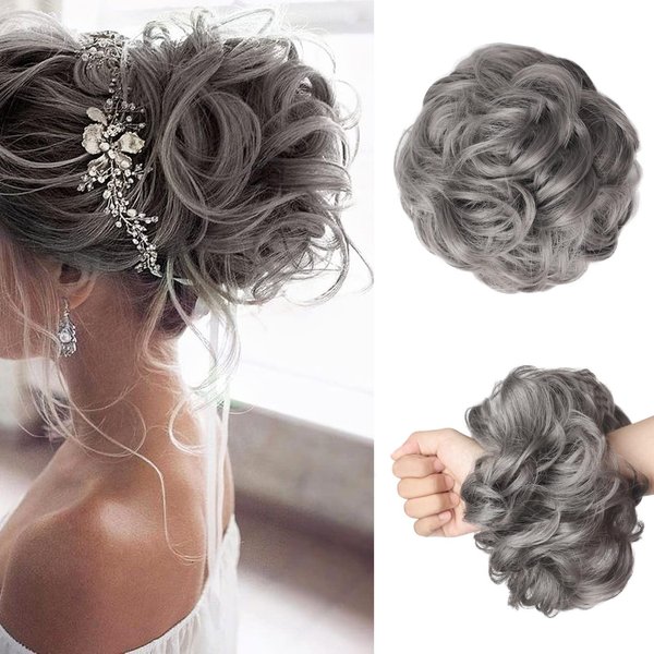 WZNBBOY Messy Bun Hair Piece Hair Bun Wavy Curly Scrunchies Chignon Ponytail Hair Extensions Fake Hair Bun Extensions Synthetic Tousled Updo Hairpieces for Women (Dark Grey)