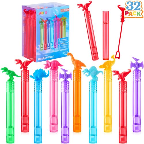 JOYIN 32 Pack Bubbles Party Favors for Kids, 8 Colors Dinosaur Mini Bubble Wands, Goodie Bag Stuffers, Treasure Box Toys, Classroom Prizes for Boys Girls