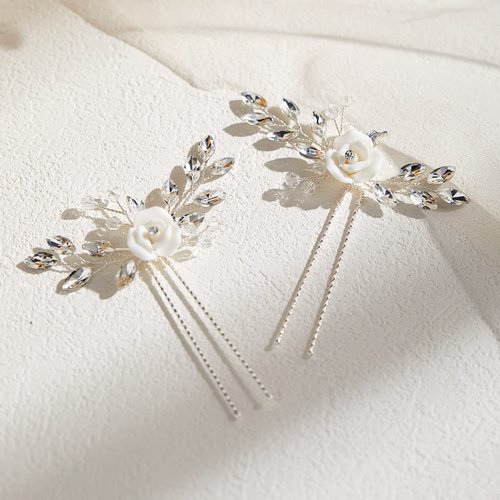 AW BRIDAL 2 Pcs White Flower Hair Clips Bridal Hair Combs for Women Rhinestone Wedding Hair Pins ...