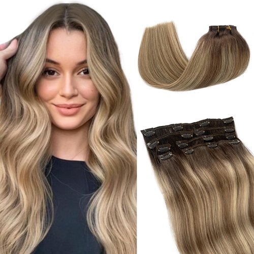 Hair Extensions Clip in Real Human Hair Balayage Blonde 15 Inch Short Remy Clip in Hair Extensions #3T8/22 Ombre Brown to Ash Brown and Light Blonde Highlight Hair Extensions Clip ins 70g 7pcs