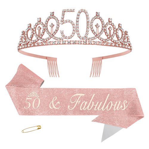 50th Birthday Sash,Rose Gold Tiara Crowns and Tiaras for Women,50th Birthday Decorations for Women,Birthday Crowns for Women,Princess Tiara Adult,Birthday Headband,50th Birthday Gifts for Her