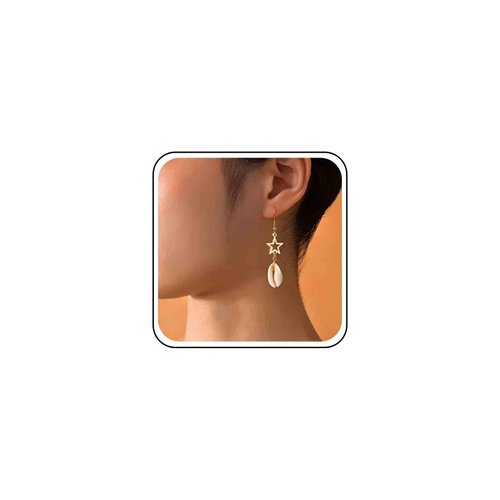 Allereyae Vintage Cowrie Drop Earrings Puka Shell Dangle Earrings Gold Star Dangling Earrings Hollow Star Earrings Jewelry for Women