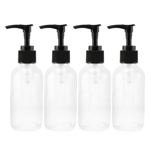 Cornucopia 4oz Clear Glass Pump Bottles (4 Pack); Refillable Glass Containers w/Black Plastic Soap/Lotion Pump Dispensers