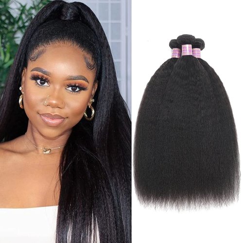 Kinky Straight Human Hair Bundles 14 16 18 Inch Natural Black Yaki Straigh Brazilian Virgin Remy Hair Unprocessed Kinky Straight Human Hair Extensions (14 16 18 Inch, 3 Bundles)