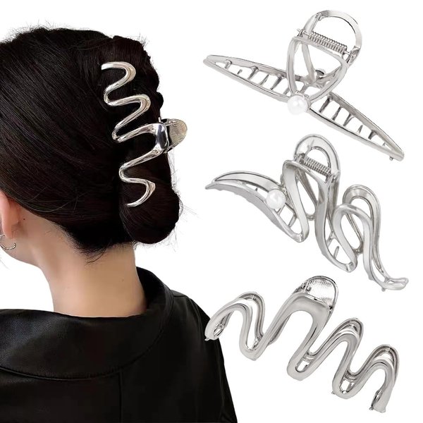 3 Pack Hair Claw Clips for Thick Long Hair, Silver Metal Wave Cross with Peal Big Jaw Clamps Hair Accessories for Women, Fashion Elegant Aesthetics Variety Hairgrip Styling Tools…